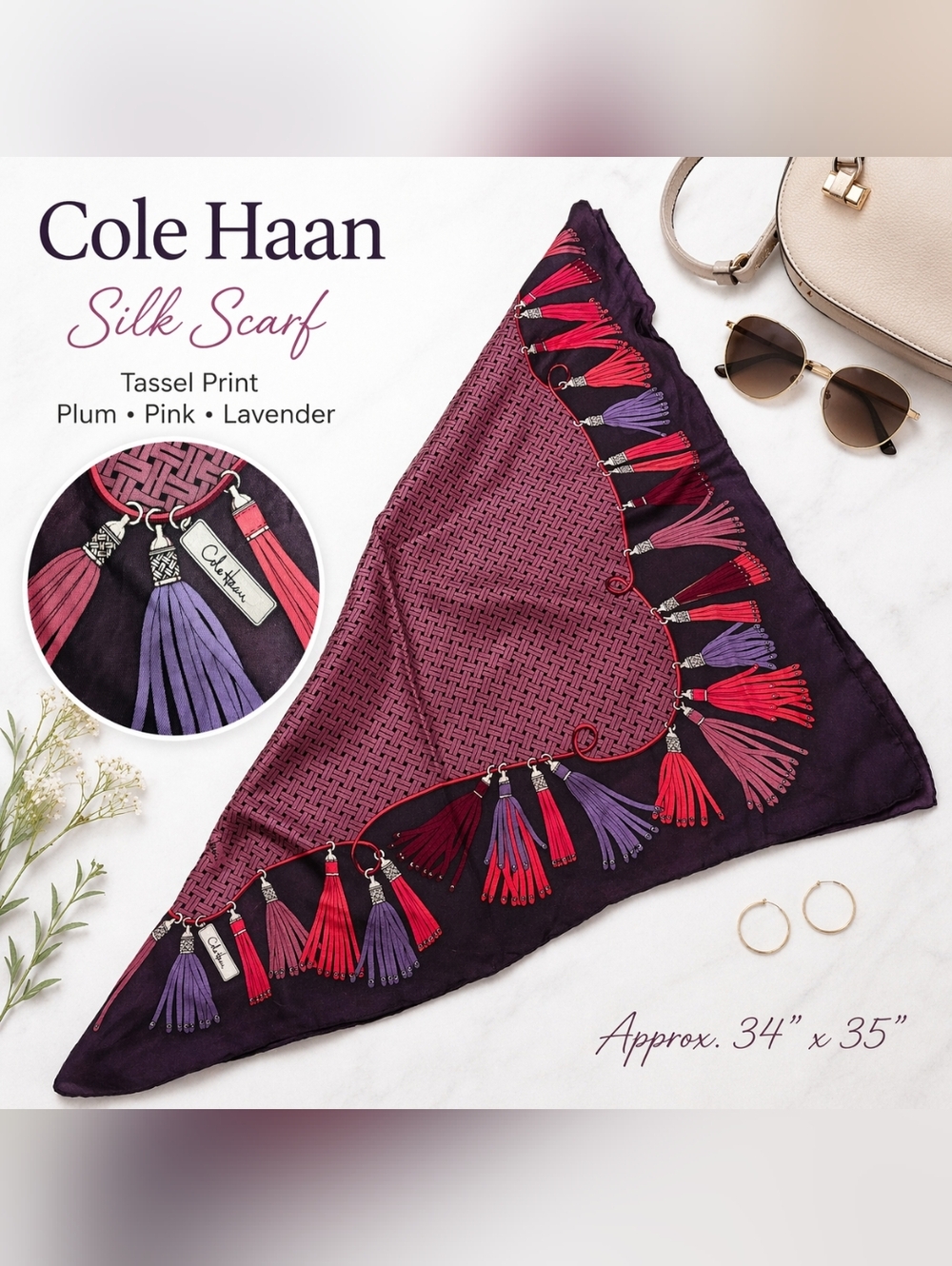Large Cole Haan Plum, Pink & Lavender Silk Tassel Print Scarf | ~34x35 | Vintage